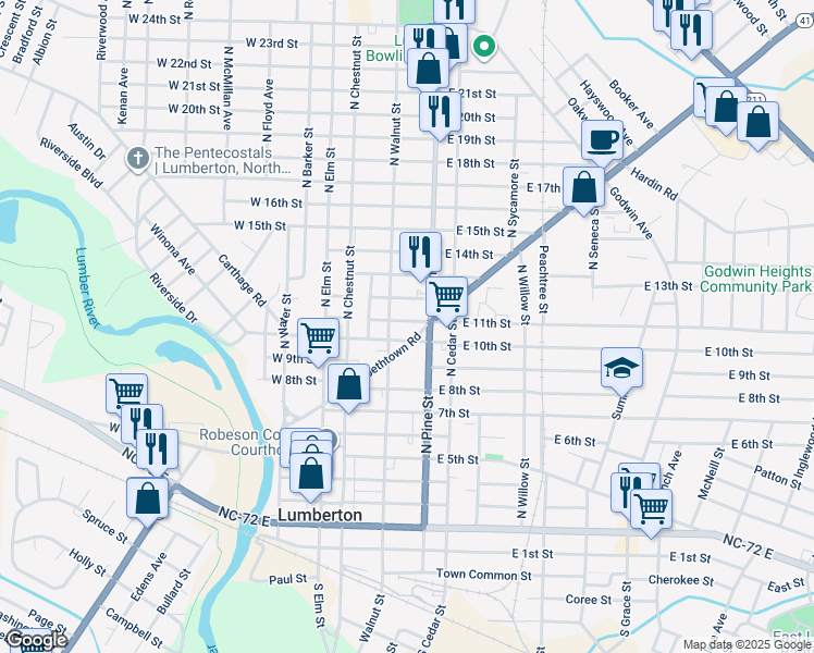 map of restaurants, bars, coffee shops, grocery stores, and more near 306 East 11th Street in Lumberton