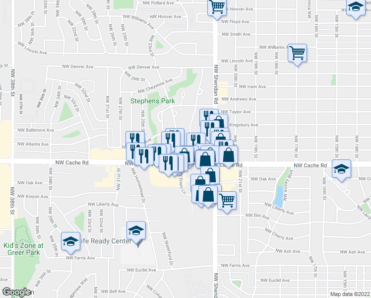 map of restaurants, bars, coffee shops, grocery stores, and more near 1411 Northwest 23rd Street in Lawton