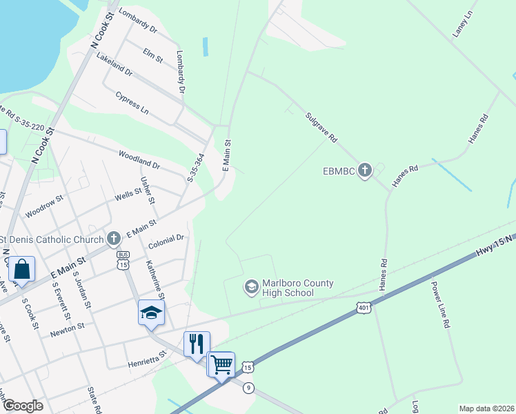 map of restaurants, bars, coffee shops, grocery stores, and more near 503 East Main Street in Bennettsville