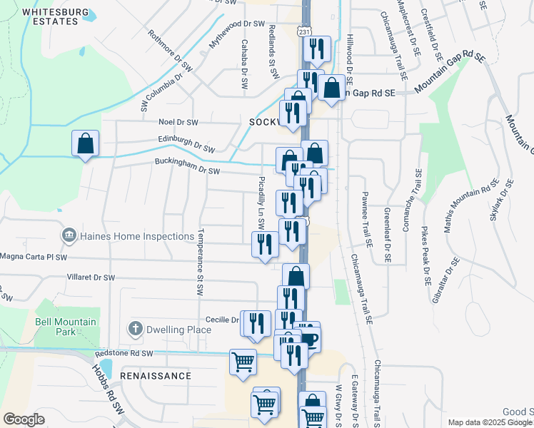map of restaurants, bars, coffee shops, grocery stores, and more near 10322 Picadilly Lane Southwest in Huntsville