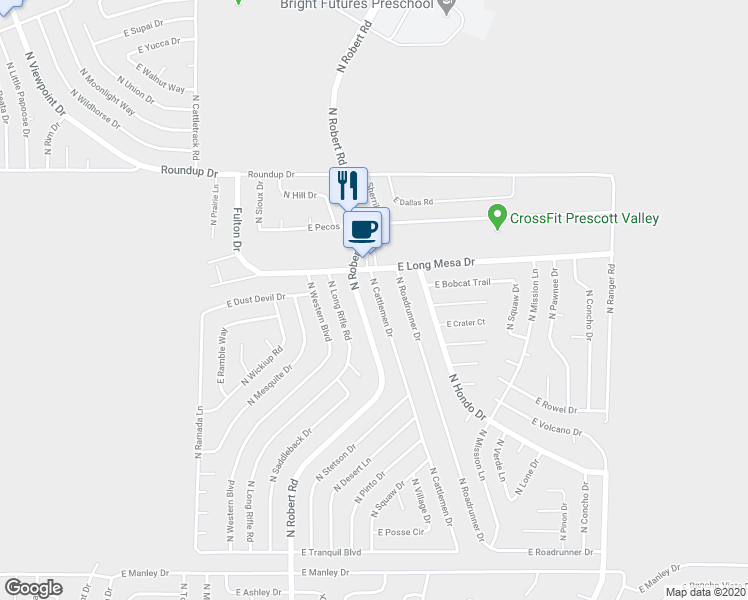 map of restaurants, bars, coffee shops, grocery stores, and more near 5640 North Cattlemen Drive in Prescott Valley