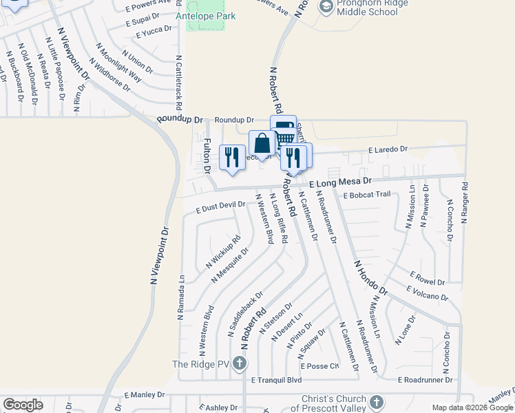 map of restaurants, bars, coffee shops, grocery stores, and more near 5640 North Western Boulevard in Prescott Valley