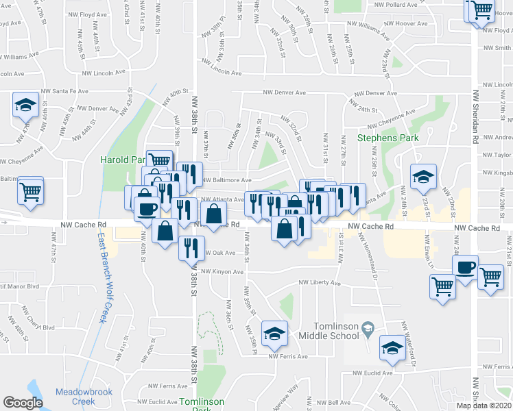 map of restaurants, bars, coffee shops, grocery stores, and more near 3322 Northwest Atlanta Avenue in Lawton