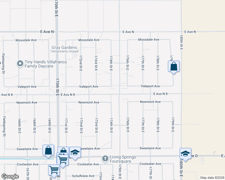 map of restaurants, bars, coffee shops, grocery stores, and more near 17360 Valeport Avenue in Lancaster