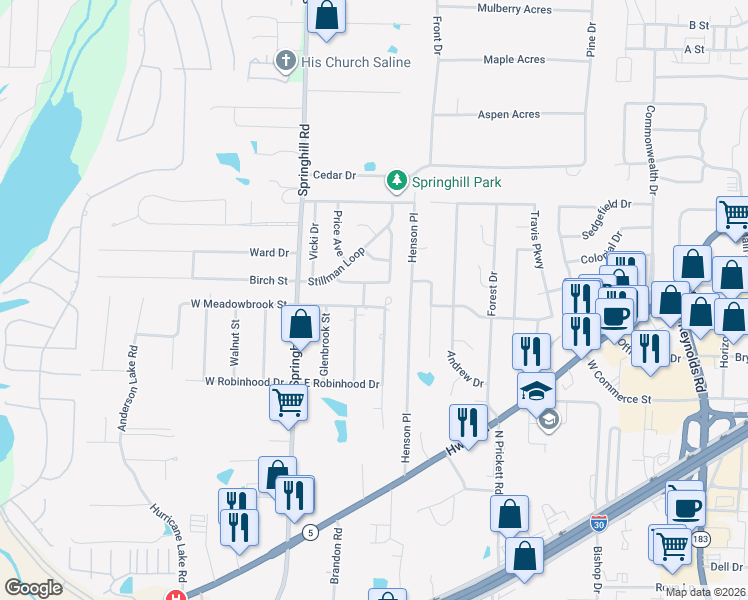map of restaurants, bars, coffee shops, grocery stores, and more near 2212 East Meadowbrook Street in Bryant