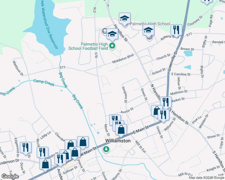 map of restaurants, bars, coffee shops, grocery stores, and more near 430 Minor Street in Williamston