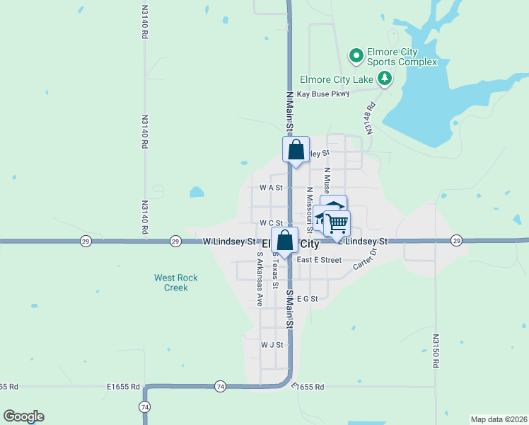 map of restaurants, bars, coffee shops, grocery stores, and more near 207 North Texas Street in Elmore City