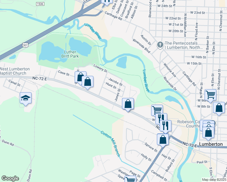 map of restaurants, bars, coffee shops, grocery stores, and more near 1207 Sampson Street in Lumberton