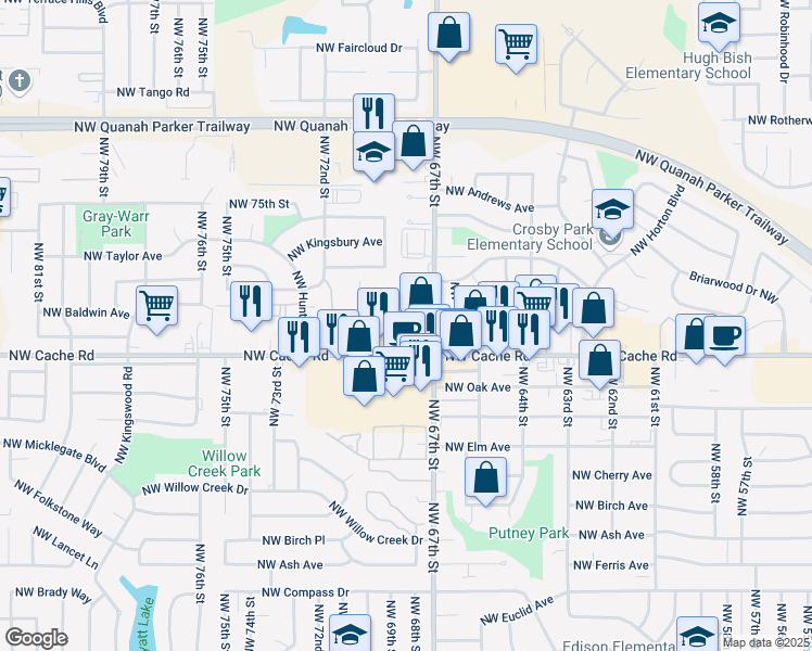 map of restaurants, bars, coffee shops, grocery stores, and more near 6709 Northwest Cache Road in Lawton