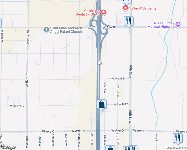 map of restaurants, bars, coffee shops, grocery stores, and more near 40816 13th Street West in Palmdale