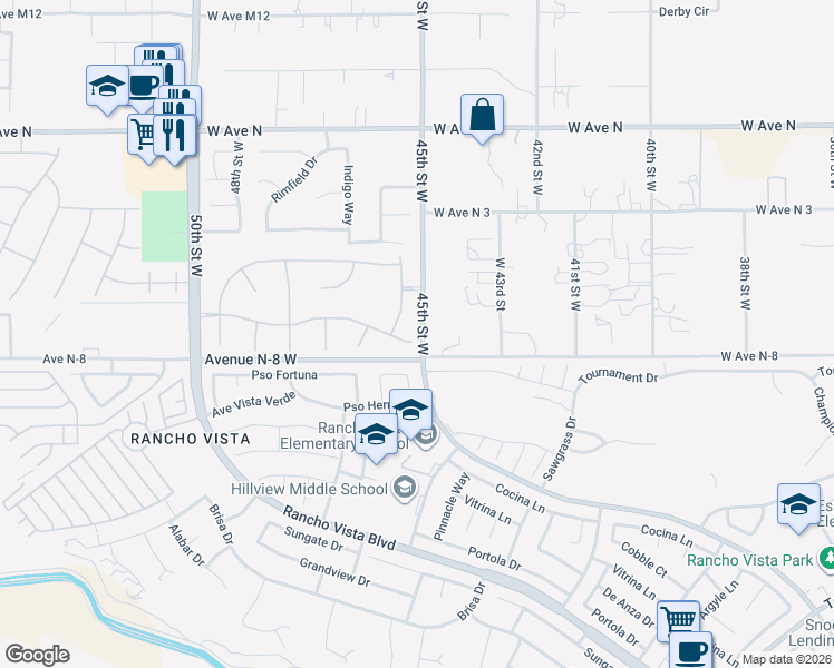 map of restaurants, bars, coffee shops, grocery stores, and more near 4517 Cinnabar Avenue in Palmdale