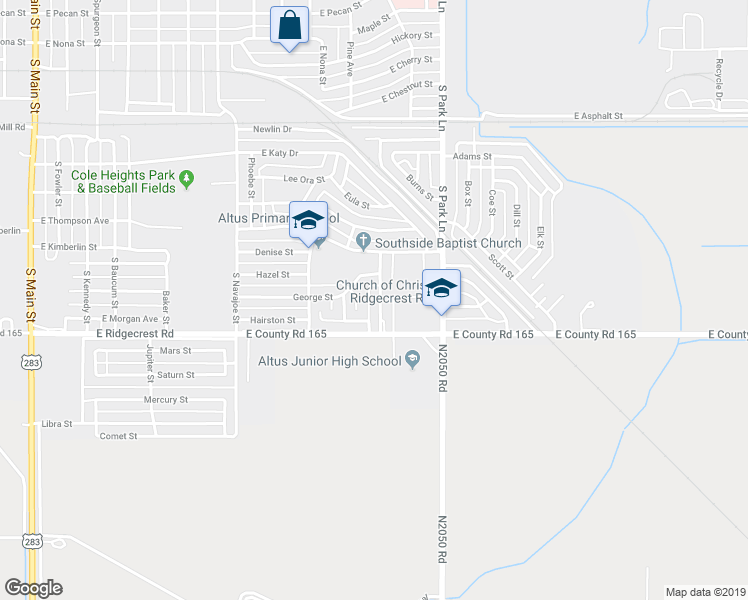 map of restaurants, bars, coffee shops, grocery stores, and more near 1313 Inis Street in Altus