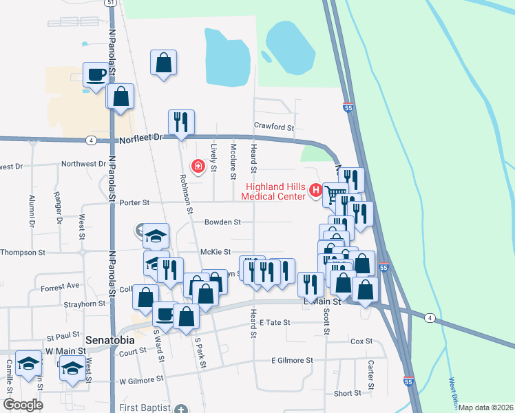 map of restaurants, bars, coffee shops, grocery stores, and more near 303 Heard Street in Senatobia