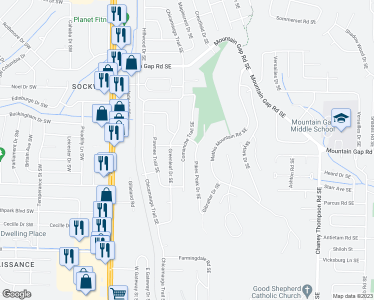 map of restaurants, bars, coffee shops, grocery stores, and more near 12105 Comanche Trail Southeast in Huntsville