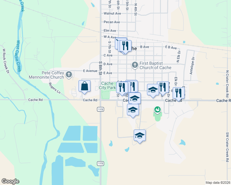 map of restaurants, bars, coffee shops, grocery stores, and more near 703 North 6th Street in Cache