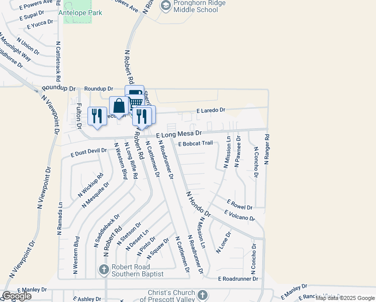 map of restaurants, bars, coffee shops, grocery stores, and more near 8560 East Ramble Way in Prescott Valley