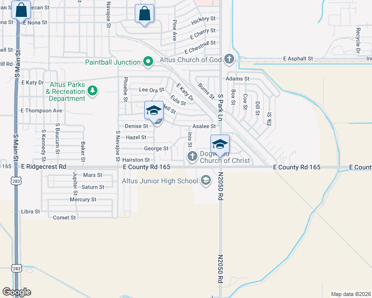 map of restaurants, bars, coffee shops, grocery stores, and more near 1313 Inis Street in Altus