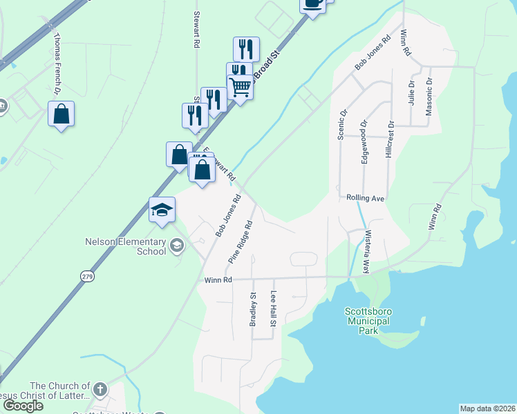map of restaurants, bars, coffee shops, grocery stores, and more near 3501 Childress Drive in Scottsboro