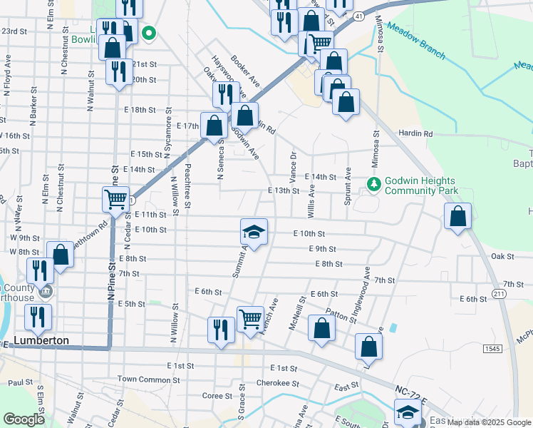 map of restaurants, bars, coffee shops, grocery stores, and more near 907 East 11th Street in Lumberton