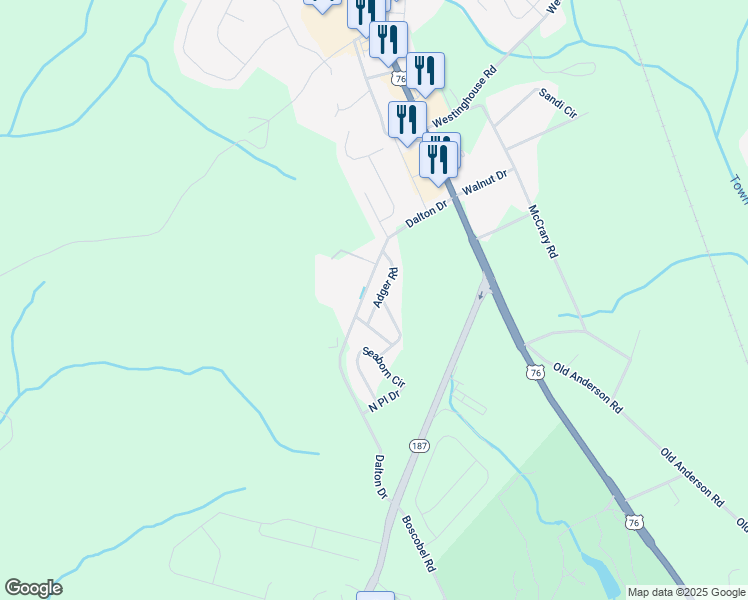 map of restaurants, bars, coffee shops, grocery stores, and more near Adger Road in Anderson County