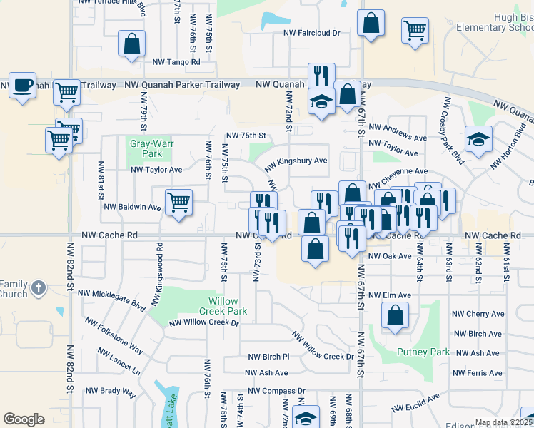 map of restaurants, bars, coffee shops, grocery stores, and more near 7215 Northwest Cache Road in Lawton
