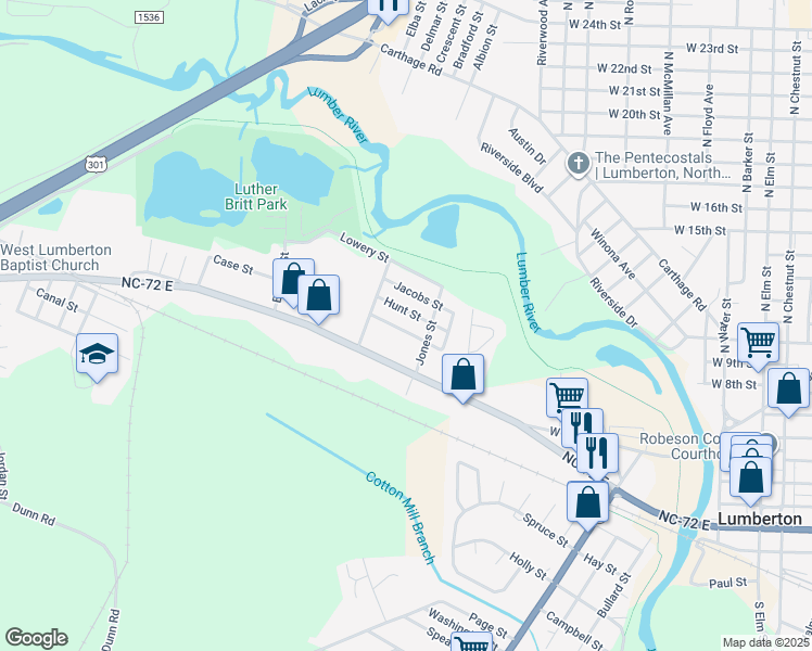 map of restaurants, bars, coffee shops, grocery stores, and more near 1207-1311 Sampson Street in Lumberton