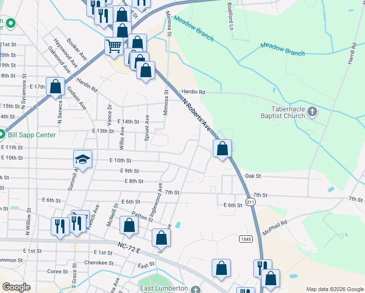 map of restaurants, bars, coffee shops, grocery stores, and more near 1505 East 11th Street in Lumberton