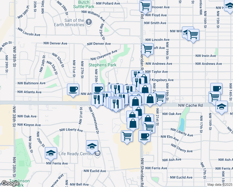 map of restaurants, bars, coffee shops, grocery stores, and more near 1414 Northwest 23rd Street in Lawton