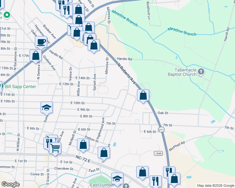 map of restaurants, bars, coffee shops, grocery stores, and more near 1505 East 11th Street in Lumberton