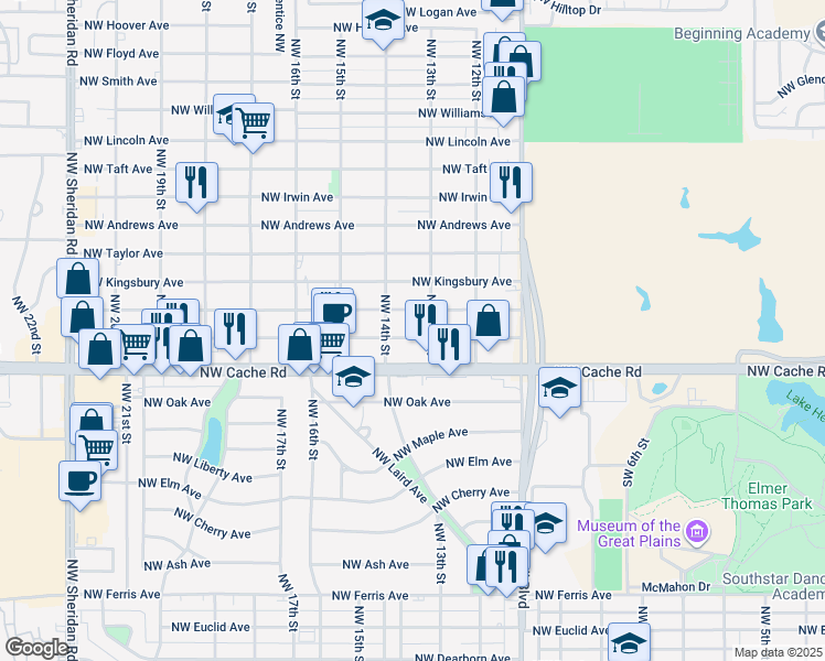 map of restaurants, bars, coffee shops, grocery stores, and more near 1307 Northwest Lawton Avenue in Lawton
