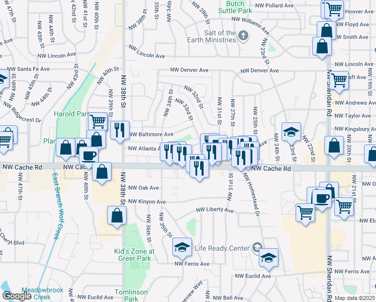 map of restaurants, bars, coffee shops, grocery stores, and more near 3312 Northwest Atlanta Avenue in Lawton