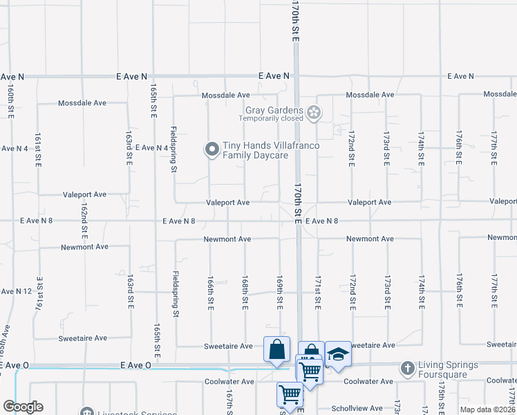 map of restaurants, bars, coffee shops, grocery stores, and more near 16824 Valeport Avenue in Lancaster