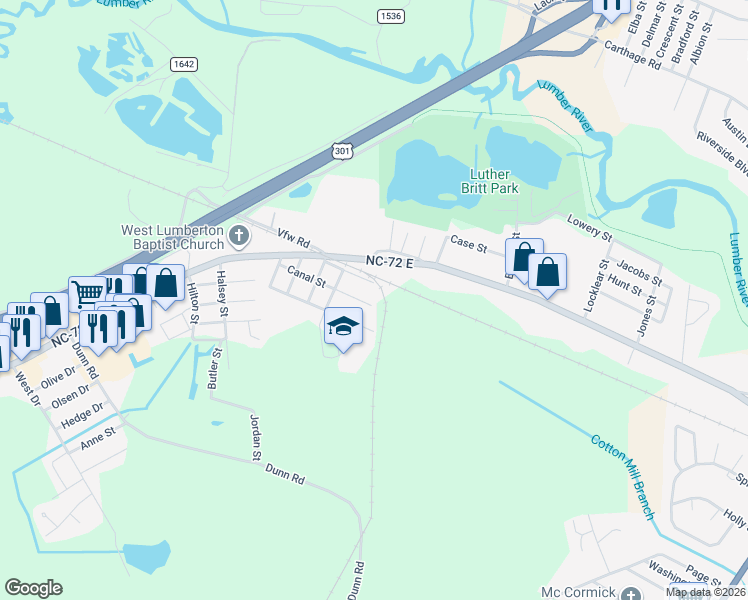 map of restaurants, bars, coffee shops, grocery stores, and more near 71 Canal Street in Lumberton