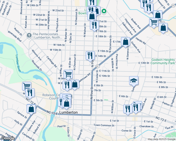 map of restaurants, bars, coffee shops, grocery stores, and more near 306 East 11th Street in Lumberton