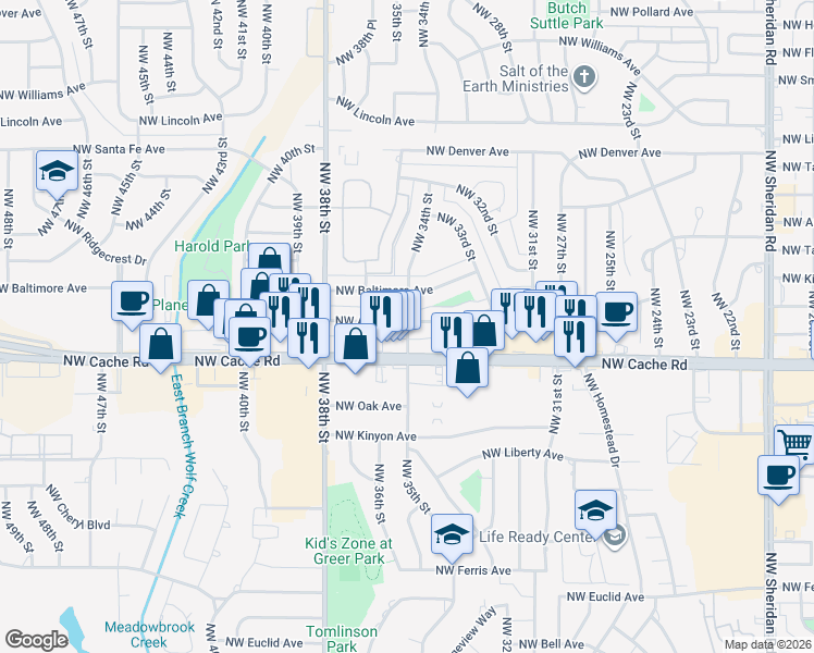 map of restaurants, bars, coffee shops, grocery stores, and more near 3322 Northwest Atlanta Avenue in Lawton