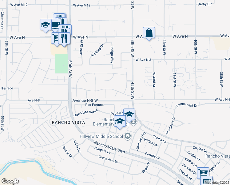 map of restaurants, bars, coffee shops, grocery stores, and more near 4608 Cinnabar Avenue in Palmdale