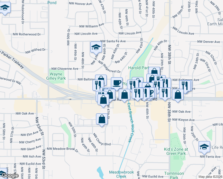 map of restaurants, bars, coffee shops, grocery stores, and more near 1414 Northwest 44th Street in Lawton