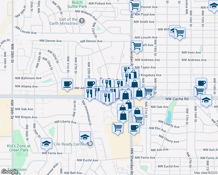 map of restaurants, bars, coffee shops, grocery stores, and more near 1414 Northwest 23rd Street in Lawton