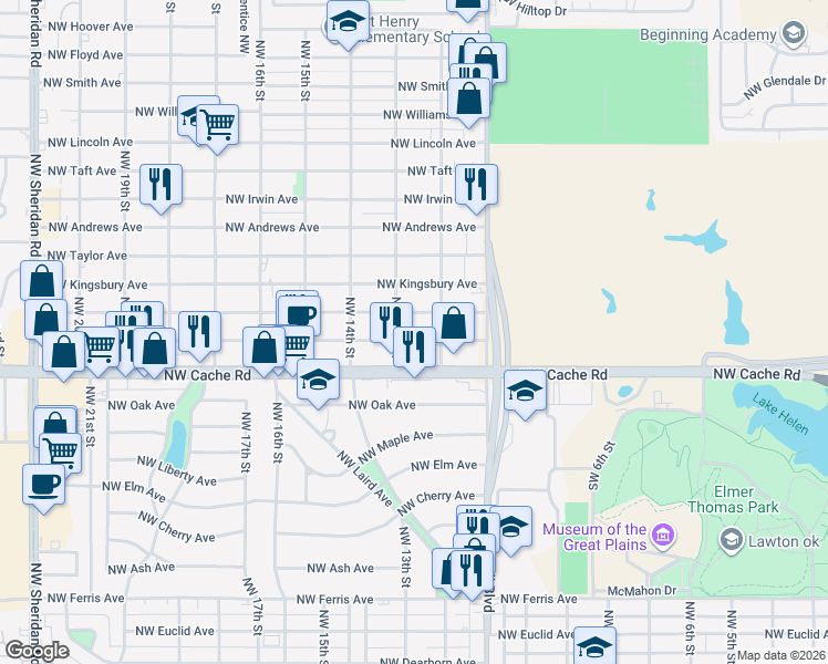 map of restaurants, bars, coffee shops, grocery stores, and more near 1211 Northwest Lawton Avenue in Lawton