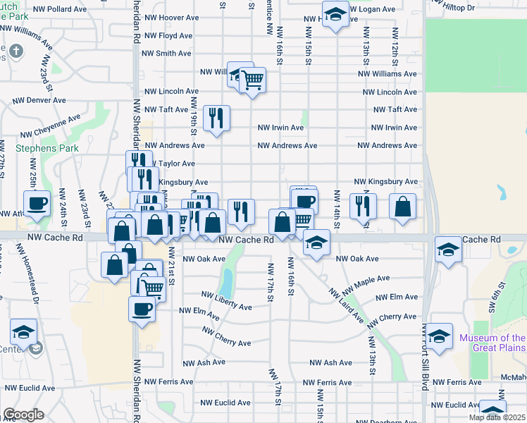 map of restaurants, bars, coffee shops, grocery stores, and more near 1501 Northwest 17th Street in Lawton
