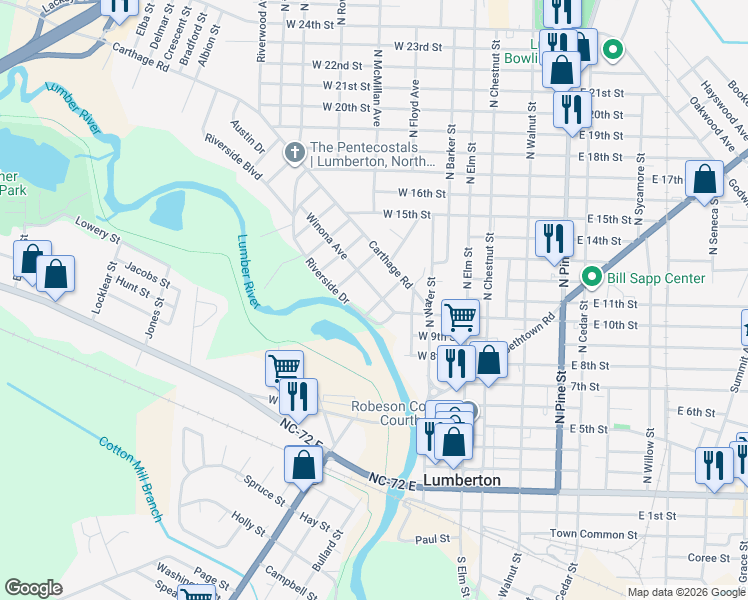 map of restaurants, bars, coffee shops, grocery stores, and more near 401 Winona Avenue in Lumberton