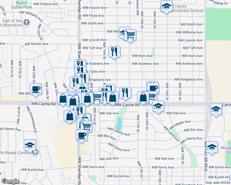 map of restaurants, bars, coffee shops, grocery stores, and more near 1713 Northwest Lawton Avenue in Lawton