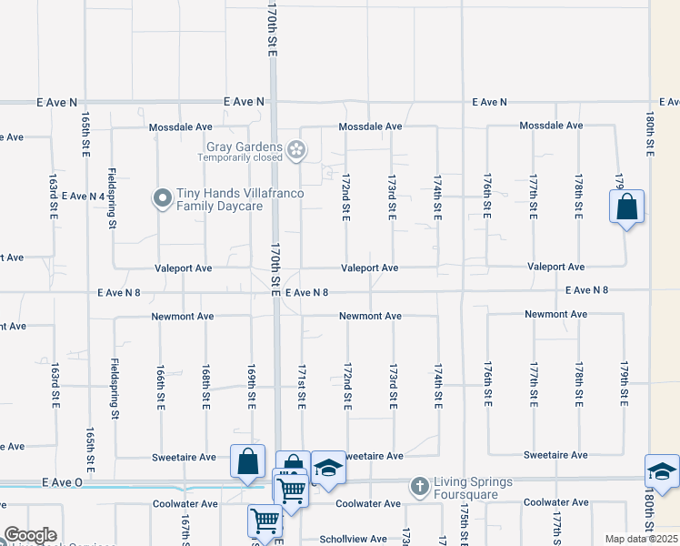map of restaurants, bars, coffee shops, grocery stores, and more near 17152 Valeport Avenue in Lancaster