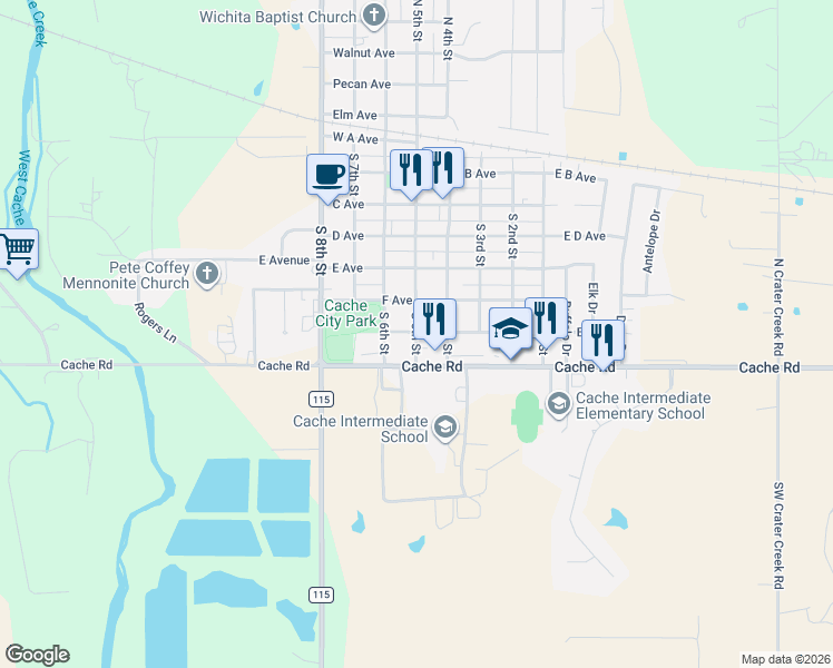 map of restaurants, bars, coffee shops, grocery stores, and more near 701 Southwest 5th Street in Cache