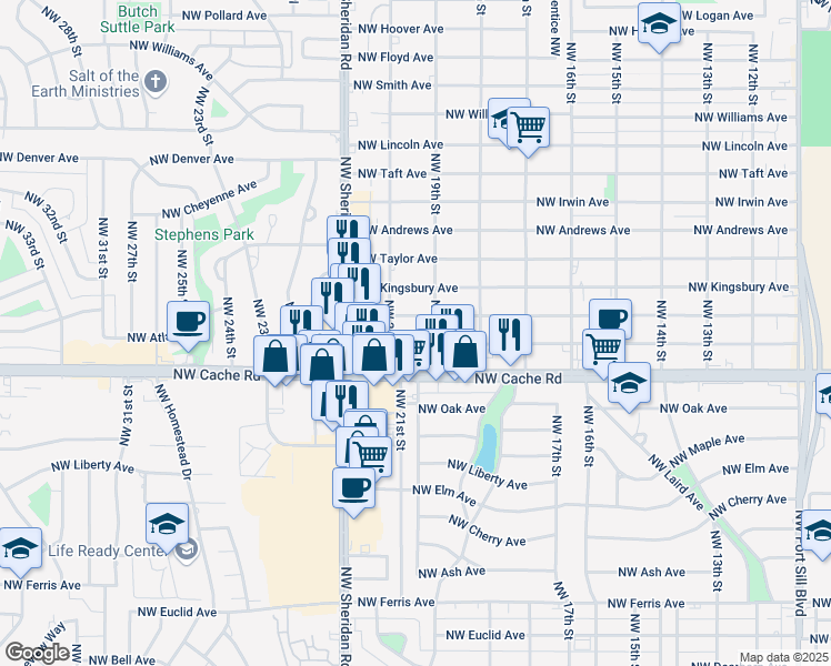 map of restaurants, bars, coffee shops, grocery stores, and more near 1907 Northwest Lawton Avenue in Lawton