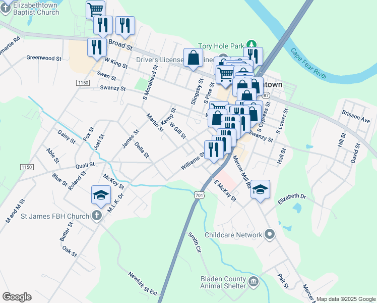 map of restaurants, bars, coffee shops, grocery stores, and more near 200 Scrimon Street in Elizabethtown
