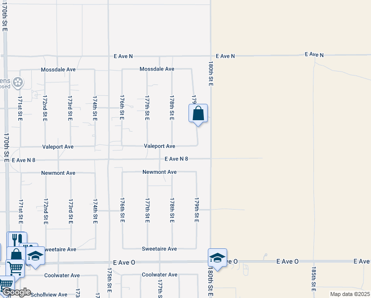 map of restaurants, bars, coffee shops, grocery stores, and more near 179th Street East in Lancaster