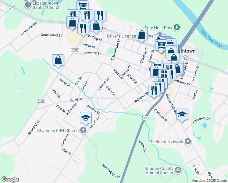 map of restaurants, bars, coffee shops, grocery stores, and more near 302 Della Street in Elizabethtown