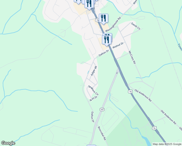 map of restaurants, bars, coffee shops, grocery stores, and more near Adger Road in Anderson County