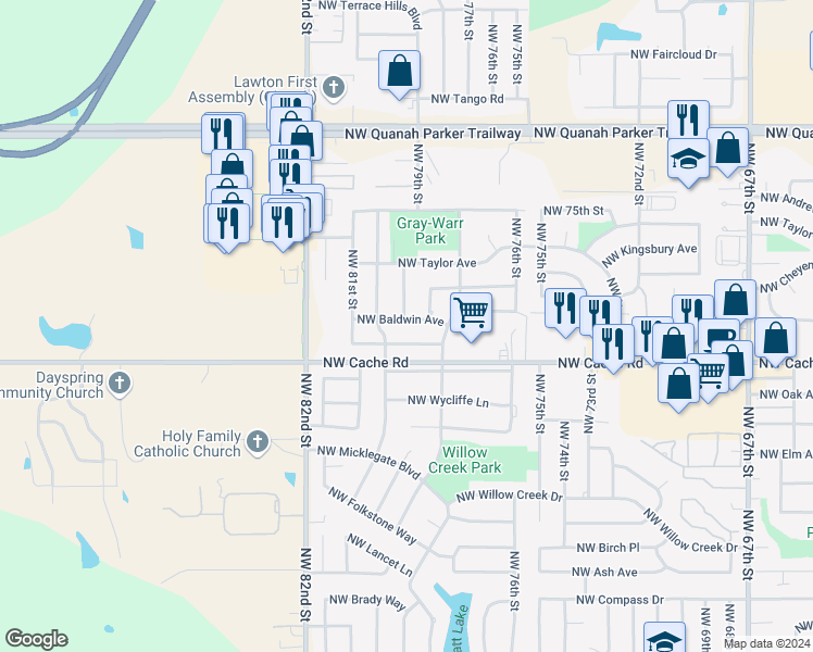 map of restaurants, bars, coffee shops, grocery stores, and more near 7816 Northwest Baldwin Avenue in Lawton